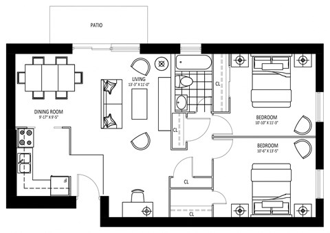 Floor plan for 2 beds, 1 bath